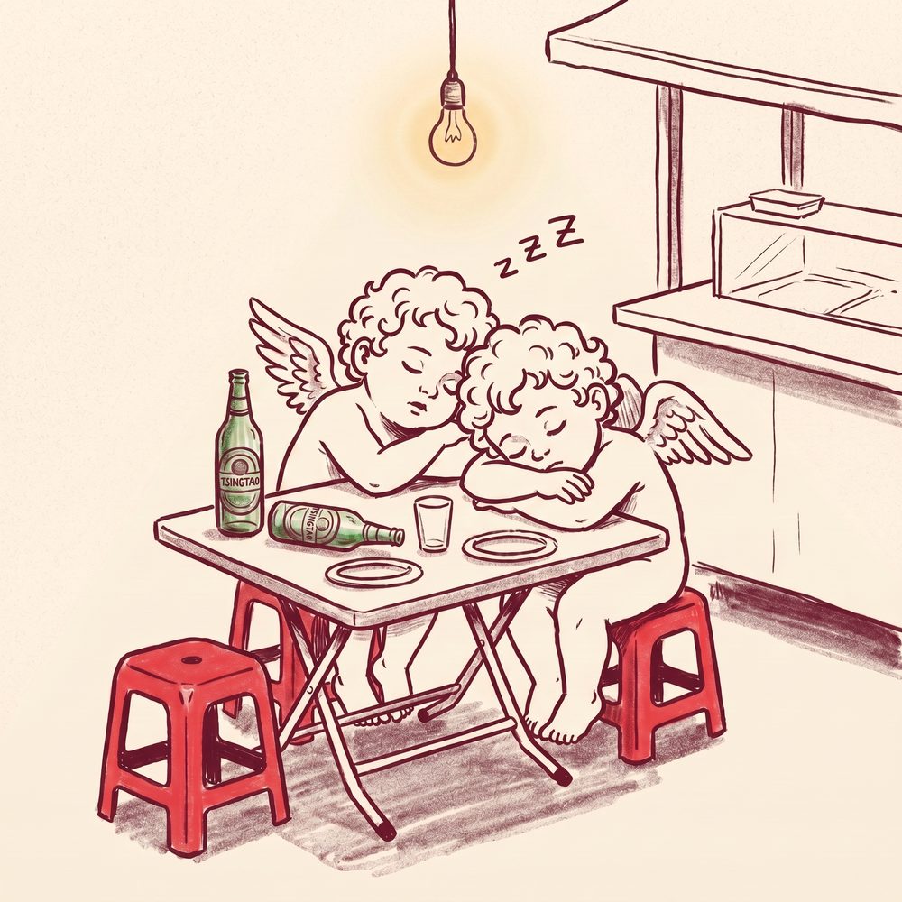 Cartoon of two SORRY BABY cherubs asleep together at a Hong Kong dai pai dong with Tsingtao beers