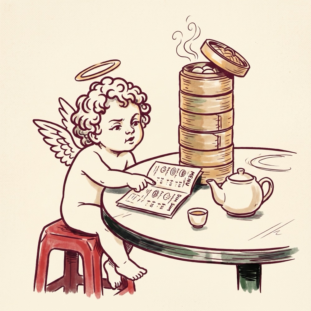 Cartoon of the SORRY BABY cherub ordering dim sum