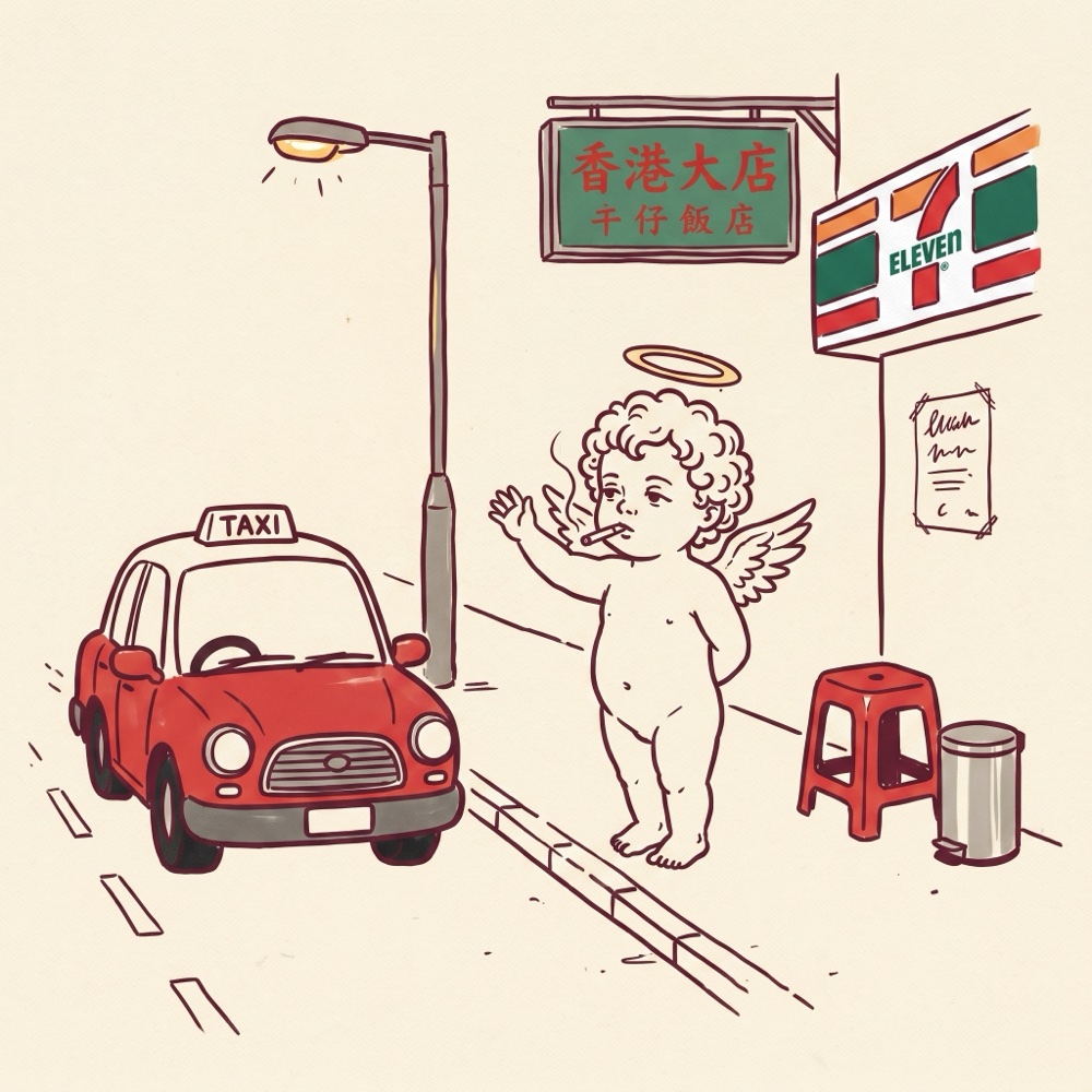 Cartoon of the SORRY BABY cherub hailing a red Hong Kong taxi